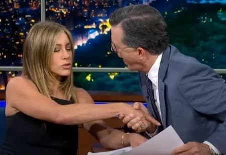 Stephen Colbert Jokingly Tries to Kiss Jennifer Aniston After She Has Him Audition for The Morning Show