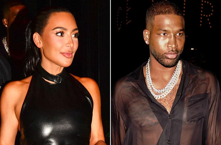 Two photos vertically stitched together of Kim Kardashian (left) and Tristan Thompson (right) both leaving Bad Bunny's restaurant in Miami