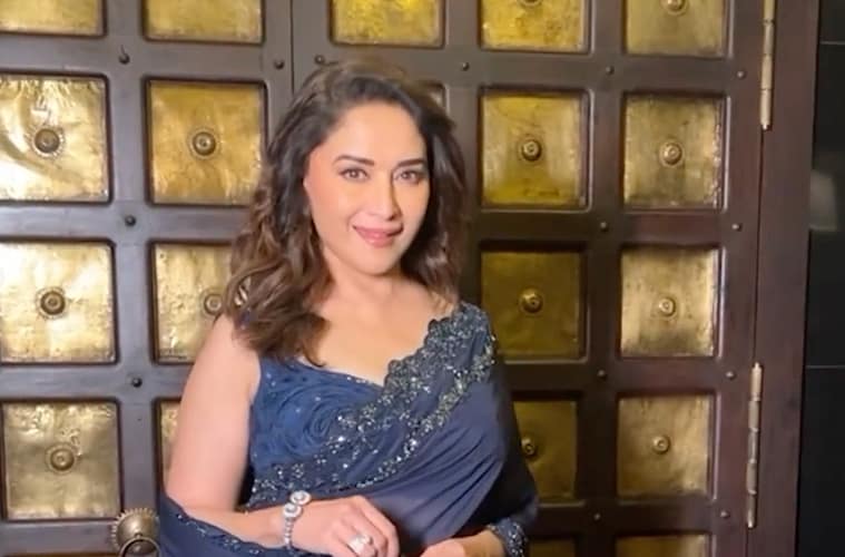 Madhuri Dixit Shines Like A Starry Night in Stunning Dark Blue Drape