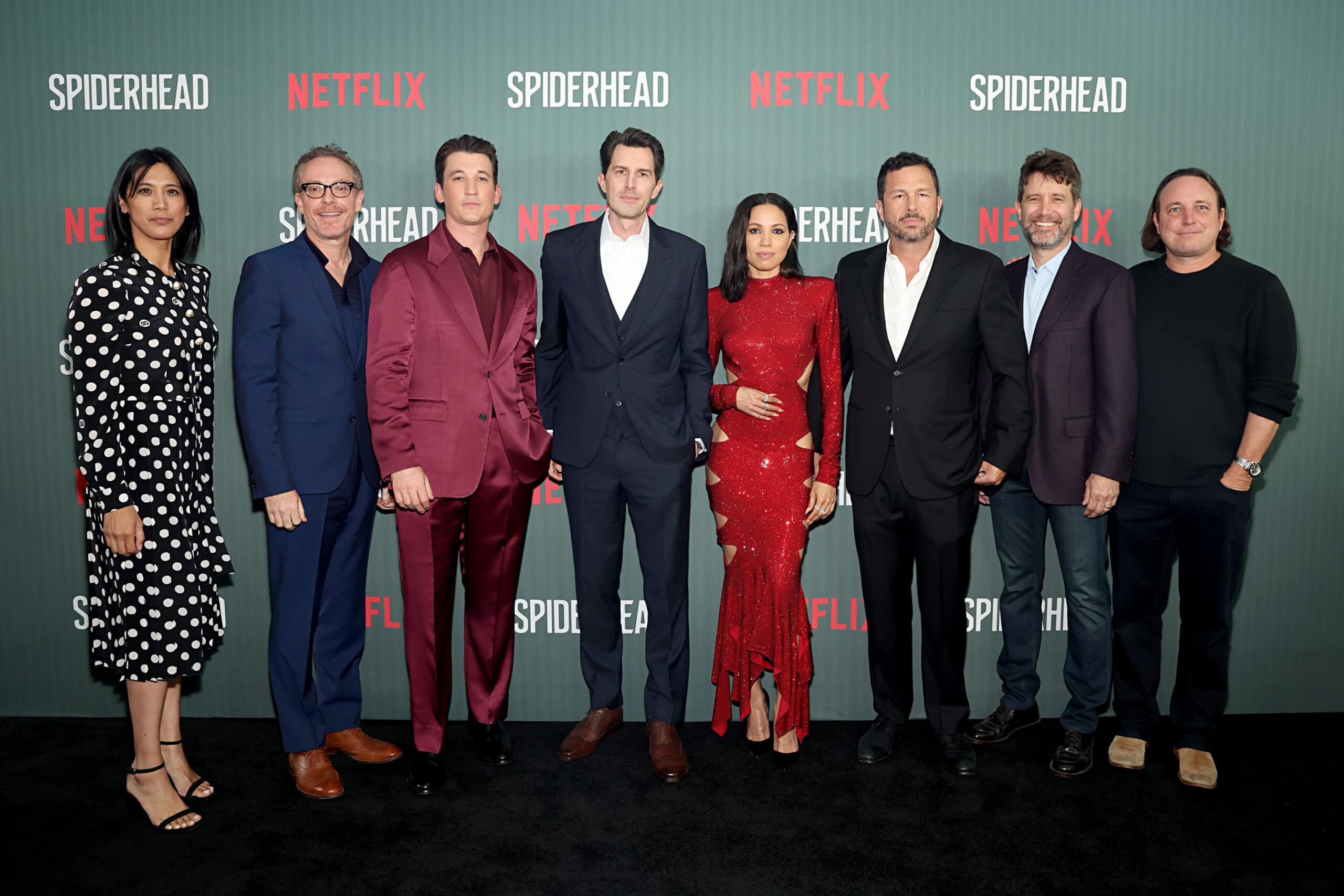 NEW YORK, NEW YORK - JUNE 15: (L-R) Agnes Chu, Paul Wernick, Miles Teller, Joseph Kosinski, Jurnee Smollett, Eric Newman, Rhett Reese and Jeremy Steckler attend the Netflix Spiderhead NY Special Screening on June 15, 2022 in New York City.