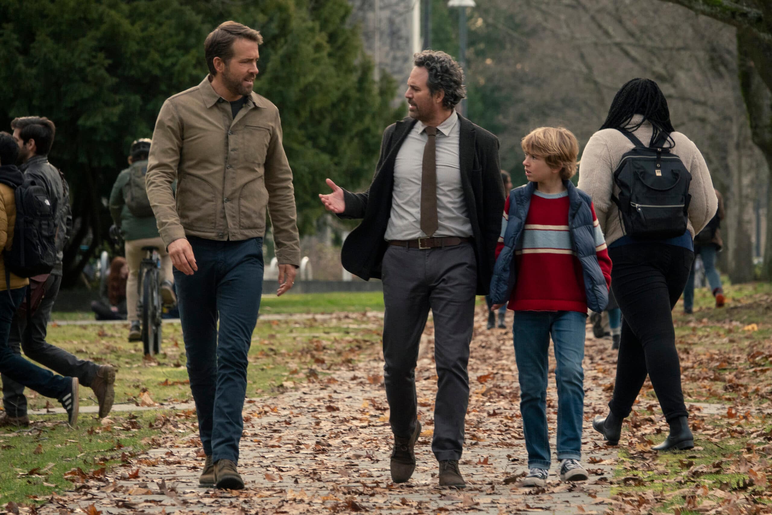 The Adam Project (L to R) Ryan Reynolds as Big Adam, Mark Ruffalo as Louis Reed and Walker Scobell as Young Adam.