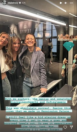 Blake Lively smiling for a photo with the two jewelers who helped make the crown and earrings Blake wore to the 2022 met gala.