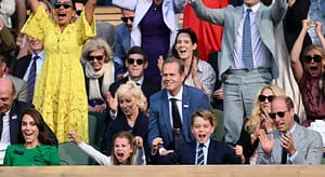 Cheering in the audience at Wimbledon 2023 from left to right: Princess Kate Middleton, Princess Charlotte, Prince George, and Prince William