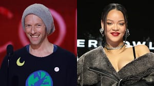 Chris Martin in planet Earth T-shirt and Rihanna wearing necklace
