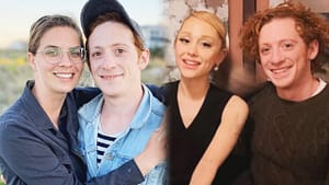 Two photos vertically fading into each other in the middle. on the left is a photo of Ethan Slater and Lily Jay in an embrace and on the right is Ethan Slater at dinner with his arm around Ariana Grande.