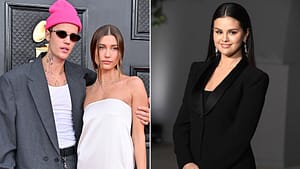 Two photos stitched together. The photo on the left is of Hailey and Justin Bieber and the photo on the right is of Selena Gomez