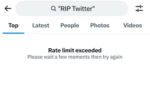 The screen Twitter users see when they reach their reading limit. it reads "Rate limit exceeded"