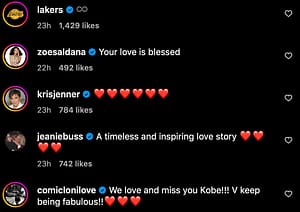 Celebrity comments on Vanessa Bryant's post for Kobe Bryant's Birthday