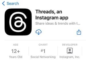 View on app store of instagram threads page. the app logo and title at the top and details below.