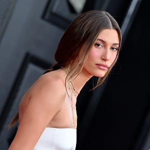 Hailey Bieber in a white dress