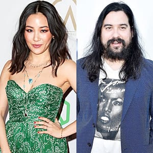 Two photos stitched together vertically. on the left is a photo of Constance Wu in a green dress and on the right is a photo of her Boyfriend Ryan Kattner in a white graphic t-shirt and a blue blazer