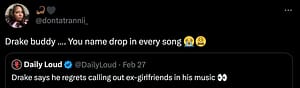 Tweet about Drake opening up on name-dropping.
