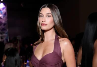 Hailey Bieber Stuns in Purple at Fashion Trust Awards