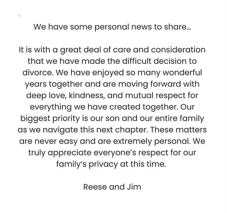 Reese Witherspoon announces divorce on Instagram.