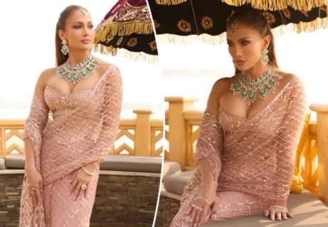 Jennifer Lopez Stuns in Emeralds and a Crystal Saree at Indian Wedding