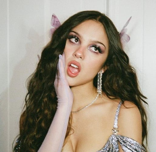 Olivia Rodgrido in a silver strap/off-the-shoulder dress with pink butterflies in her hair.