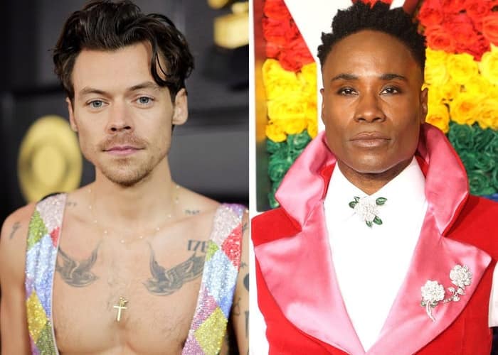 Two photos vertically stitched together of Harry Styles (left) and Billy Porter (right).