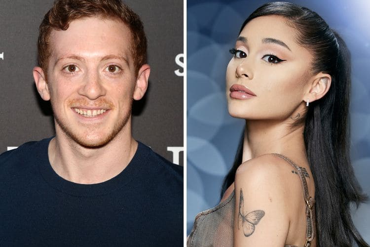 Two closeup photos, vertically, stitched together of Ethan Slater (left) and Ariana Grande (right)