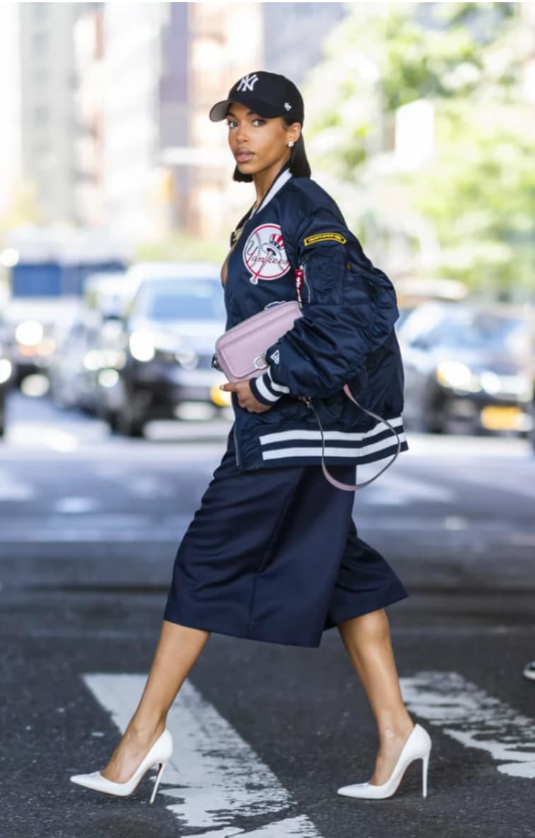 NYFW Lori Harvey in New York Yankees outfit