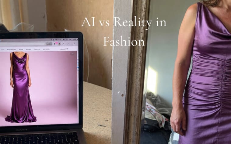 Comparison image highlighting the difference between AI-generated fashion visuals and real-life clothing fit, emphasizing the gap between perfection and reality