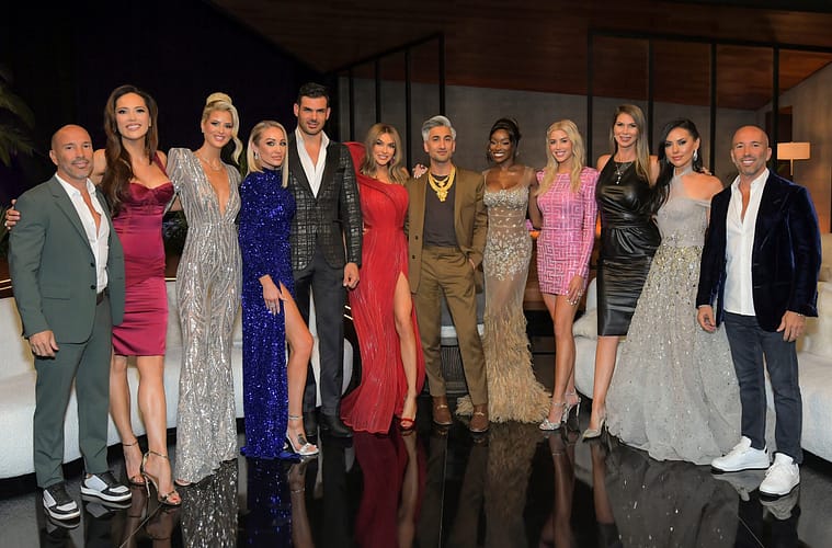 LOS ANGELES, CALIFORNIA - APRIL 24: (L-R) Brett Oppenheim, Davina Potratz, Emma Hernan, Mary Fitzgerald, Romain Bonnet, Chrisell Stause, moderator Tan France, Chelsea Lazkani, Heather Rae El Moussa, Maya Vander, Vanessa Villela and Jason Oppenheim attend Netflix's Selling Sunset reunion special at Raleigh Studios Hollywood on April 24, 2022 in Los Angeles, California.