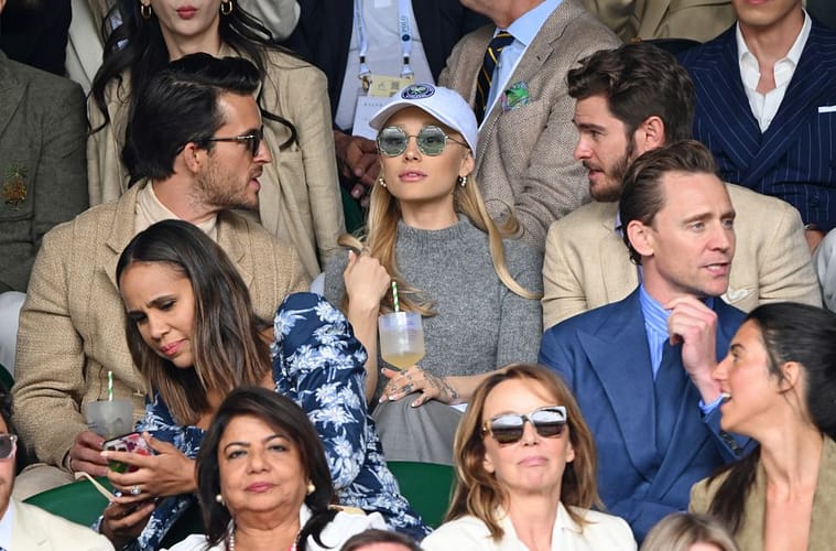 In the audience at Wimbledon men's finals 2023 top row left to right: Johnathan Bailey, Ariana Grande and Andrew Garfield. Below them from left to right: Zawe Ashton and Tom Hiddleston.