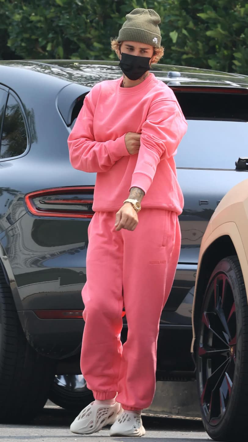 Justin Bieber in a pink monochromatic look