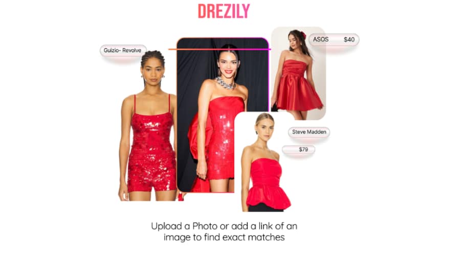 Visual comparison showing a red strapless dress worn by a celebrity alongside similar red dresses from different brands and price points, highlighting how AI-powered fashion tools match real, purchasable alternatives to an aspirational look.