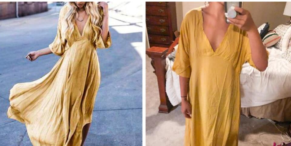 Side-by-side comparison of a flowing yellow dress styled perfectly in a photoshoot versus how the same dress looks when worn casually in real life.