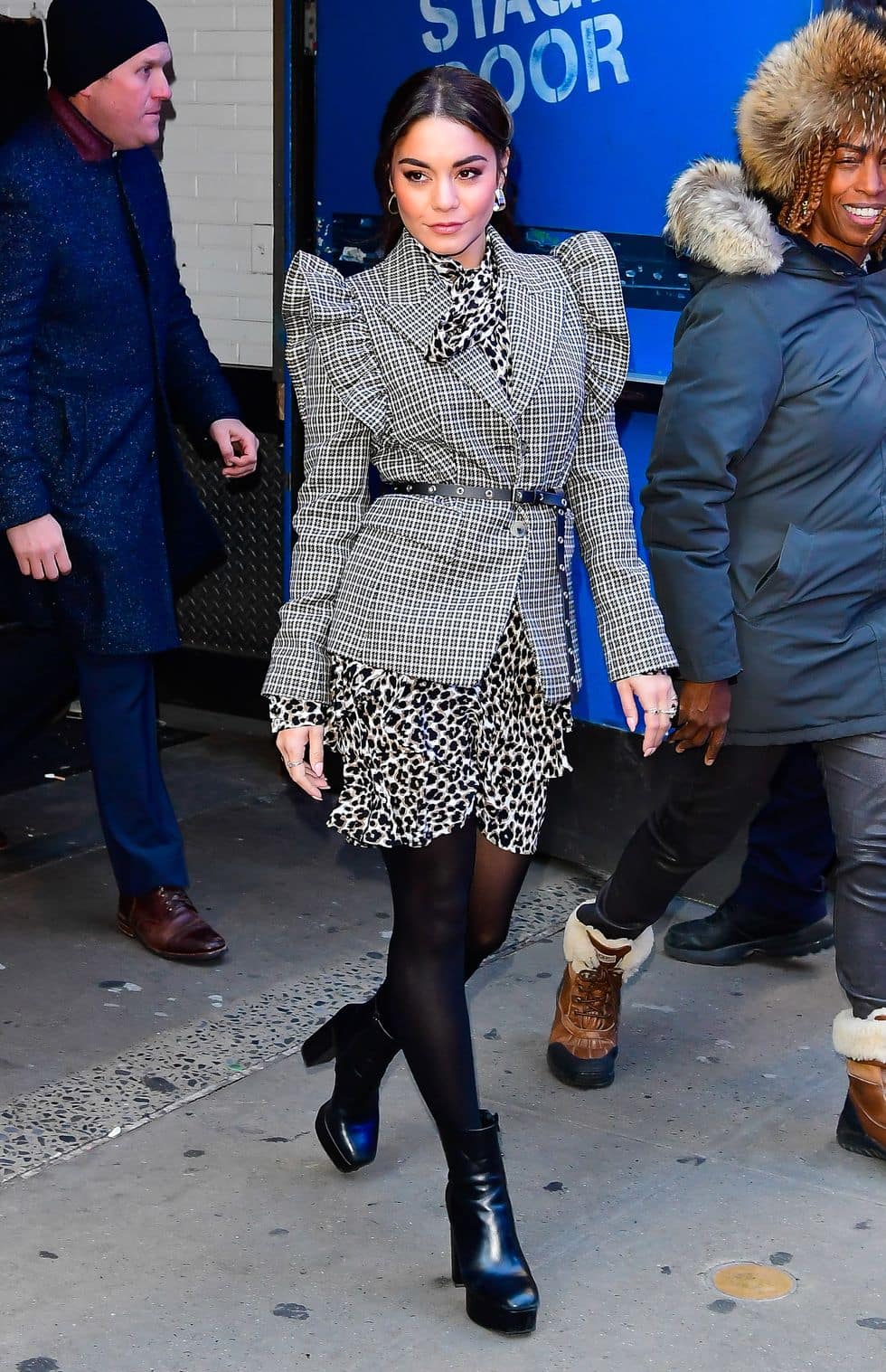 Spotted outside Good Morning America in mixed patterns.