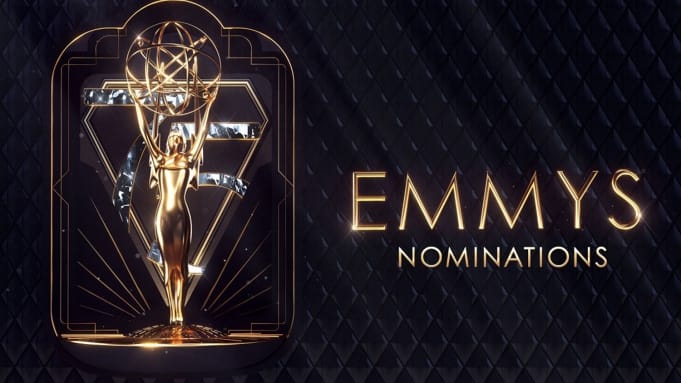 The logo for the Emmys Nominations announcement. An Emmy with a diamond '75' with 'Emmys Nominations' to the right in gold.
