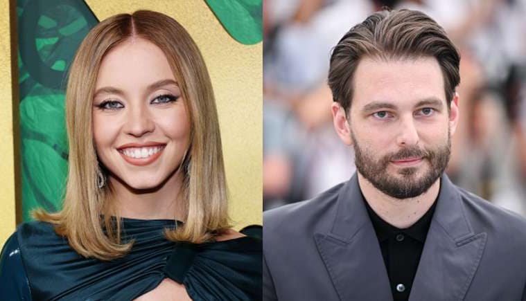 Two photos stitched together vertically. Sydney Sweeney (left) and Sam Levinson (right)