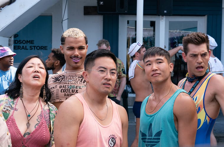 Margaret Cho, Tomas Matos, Bowen Yang, Joel Kim Booster, and Matt Rogers in the film FIRE ISLAND.